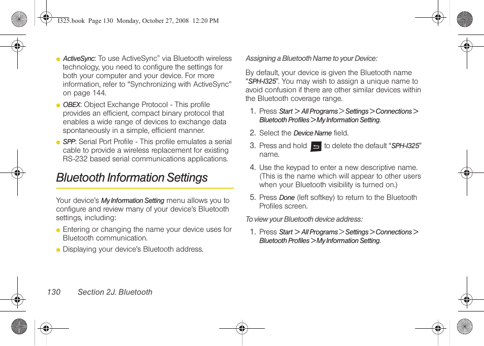 Bluetooth information settings, Assigning a bluetooth name to your device | Samsung SPH-I325DLASPR User Manual | Page 144 / 227