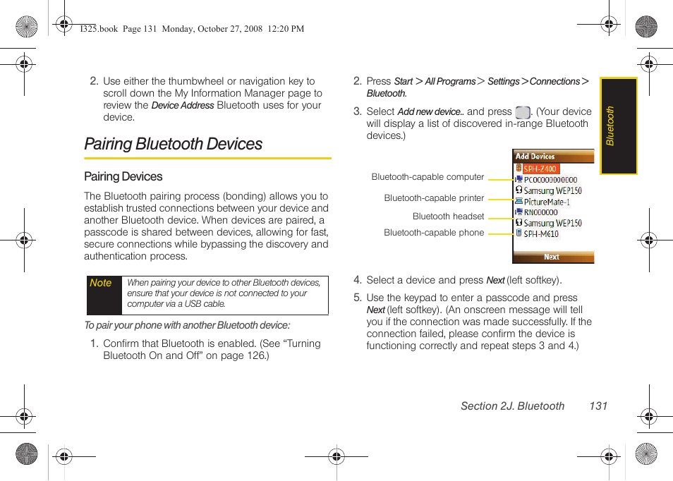 Pairing bluetooth devices, Pairing devices | Samsung SPH-I325DLASPR User Manual | Page 145 / 227