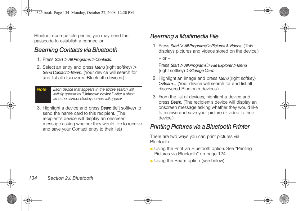 Beaming contacts via bluetooth, Beaming a multimedia file, Printing pictures via a bluetooth printer | Samsung SPH-I325DLASPR User Manual | Page 148 / 227