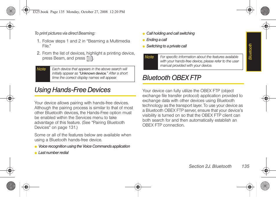 Using hands-free devices, Bluetooth obex ftp | Samsung SPH-I325DLASPR User Manual | Page 149 / 227