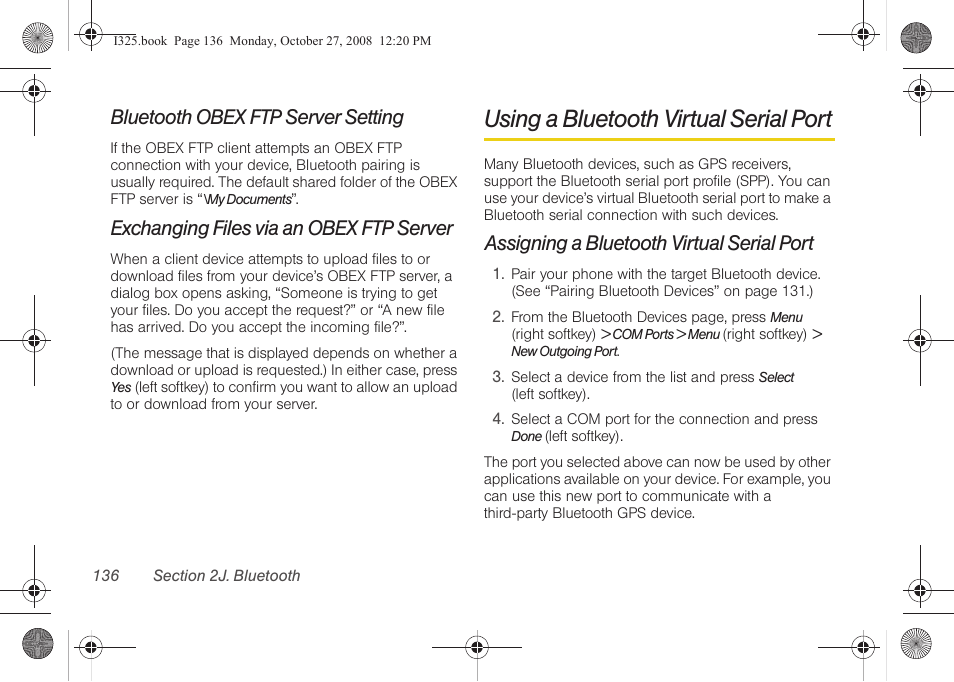 Bluetooth obex ftp server setting, Exchanging files via an obex ftp server, Using a bluetooth virtual serial port | Assigning a bluetooth virtual serial port | Samsung SPH-I325DLASPR User Manual | Page 150 / 227