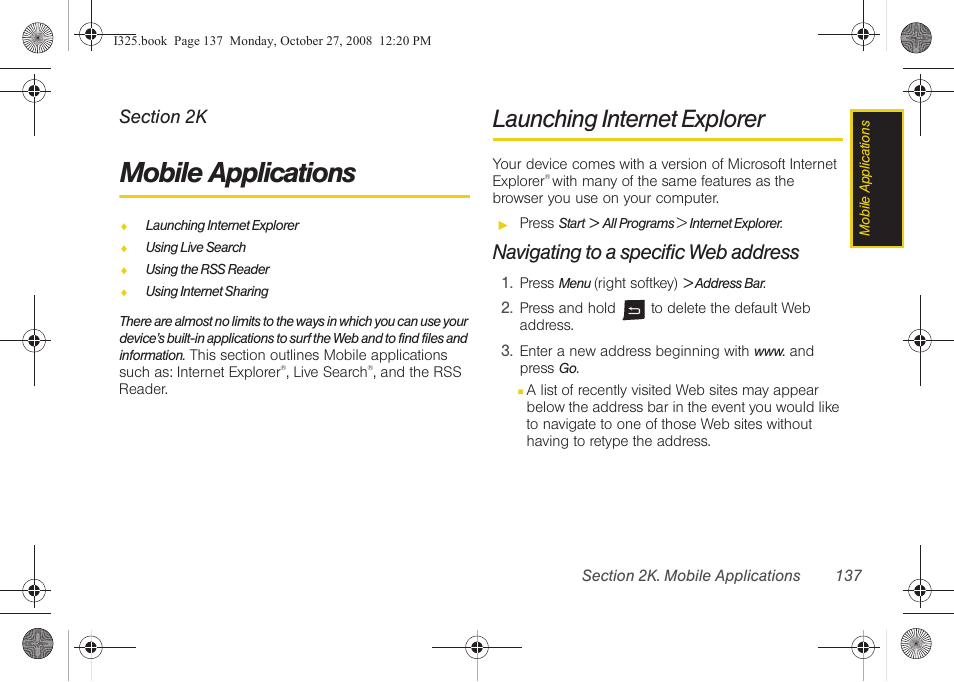 Mobile applications, Launching internet explorer, Navigating to a specific web address | 2k. mobile applications | Samsung SPH-I325DLASPR User Manual | Page 151 / 227