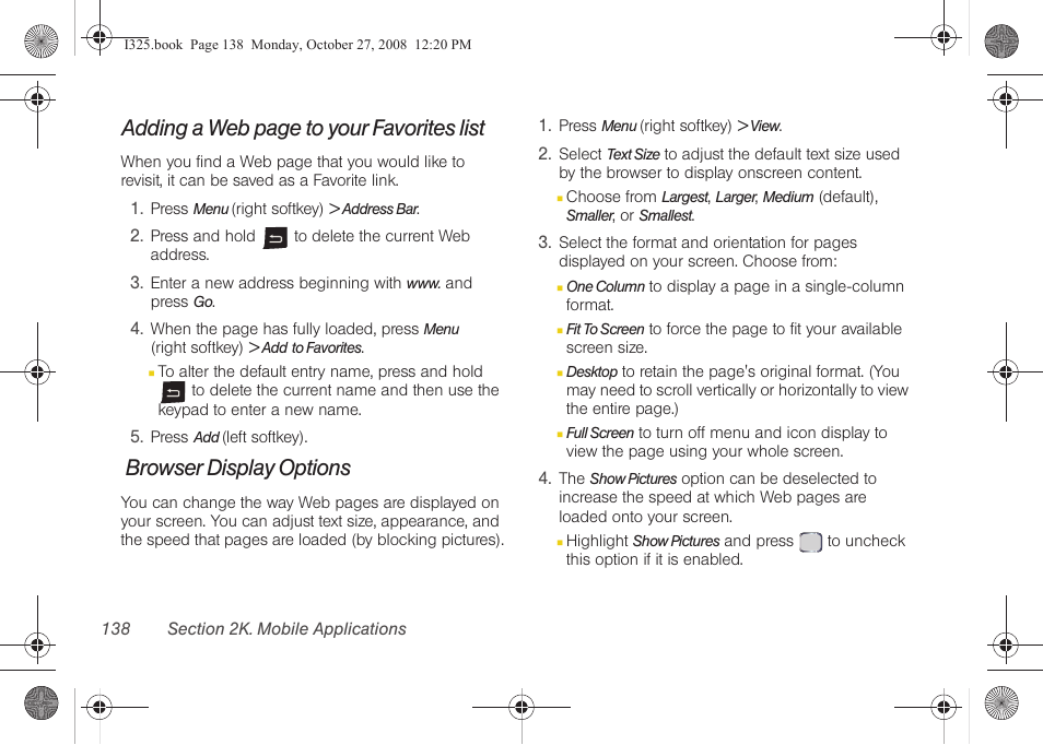 Browser display options, Adding a web page to your favorites list | Samsung SPH-I325DLASPR User Manual | Page 152 / 227