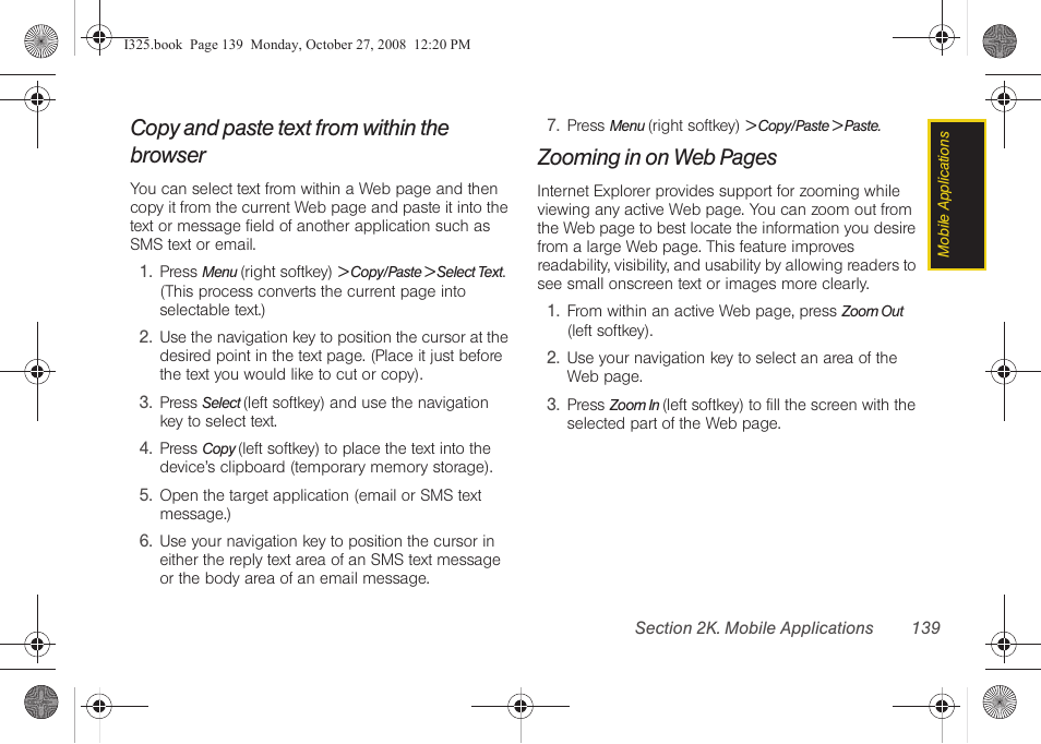 Copy and paste text from within the browser, Zooming in on web pages | Samsung SPH-I325DLASPR User Manual | Page 153 / 227