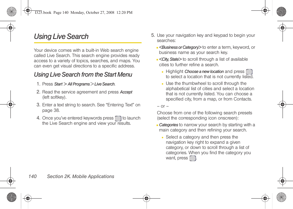 Using live search, Using live search from the start menu | Samsung SPH-I325DLASPR User Manual | Page 154 / 227