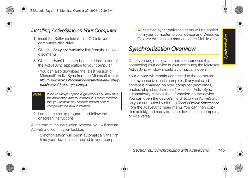 Installing activesync on your computer, Synchronization overview | Samsung SPH-I325DLASPR User Manual | Page 159 / 227