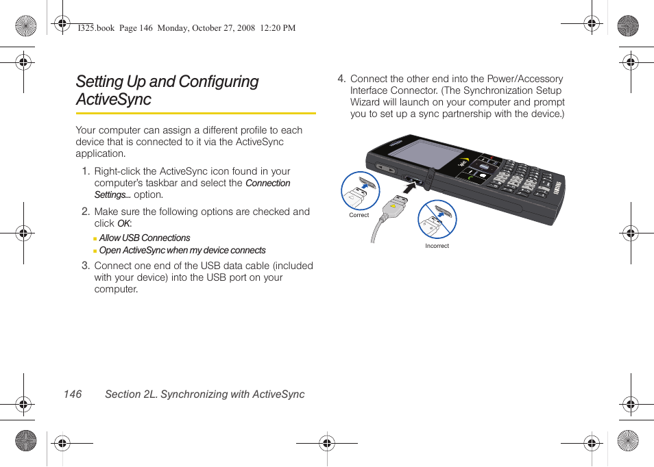 Setting up and configuring activesync | Samsung SPH-I325DLASPR User Manual | Page 160 / 227