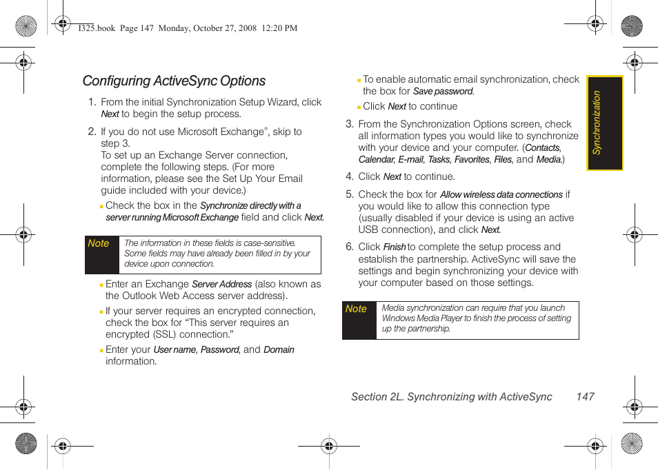 Configuring activesync options | Samsung SPH-I325DLASPR User Manual | Page 161 / 227