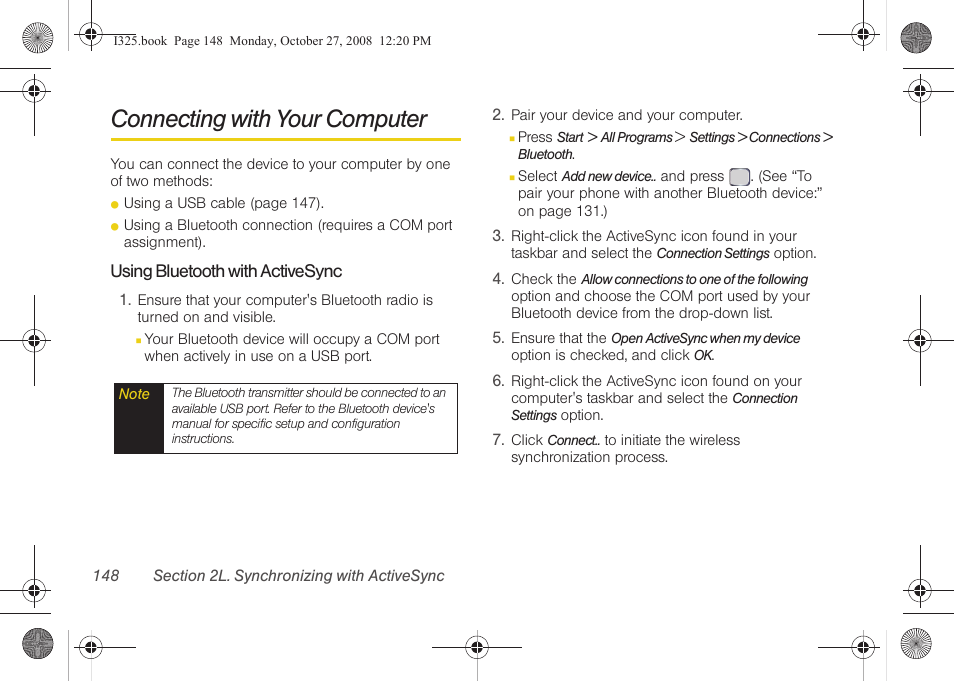 Connecting with your computer, Using bluetooth with activesync | Samsung SPH-I325DLASPR User Manual | Page 162 / 227