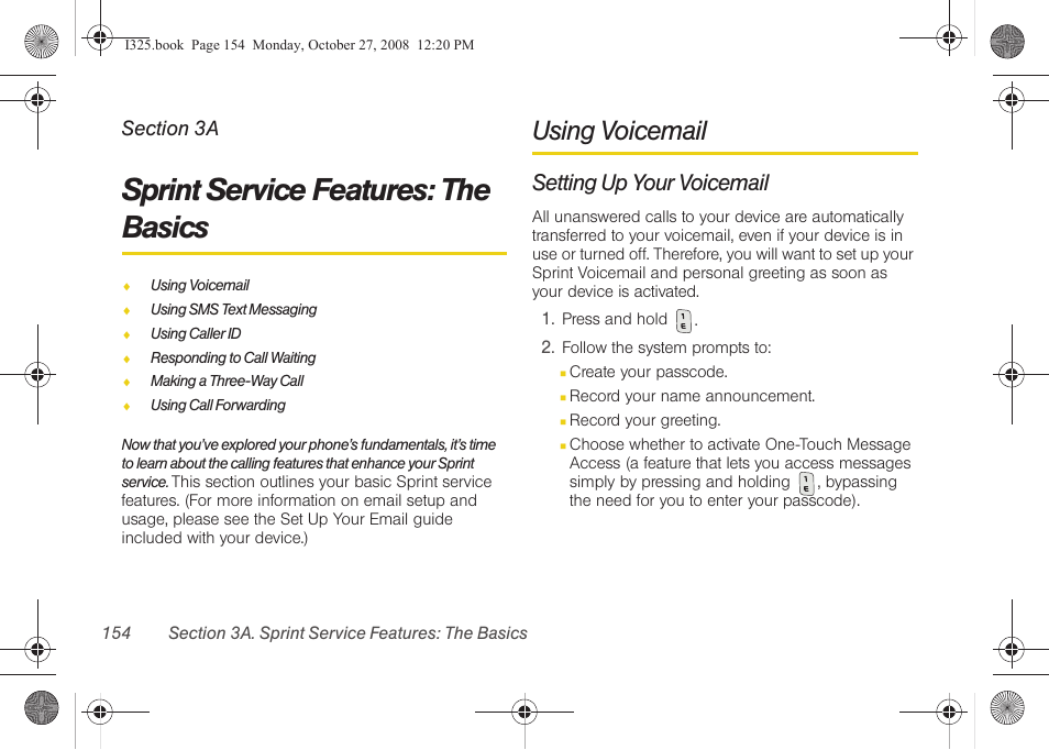 Sprint service features: the basics, Using voicemail, Setting up your voicemail | 3a. sprint service features: the basics . 154 | Samsung SPH-I325DLASPR User Manual | Page 168 / 227