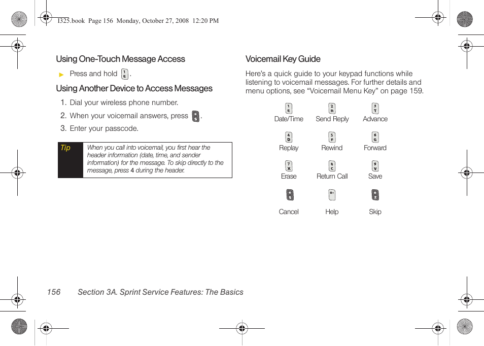 Using one-touch message access, Using another device to access messages, Voicemail key guide | Samsung SPH-I325DLASPR User Manual | Page 170 / 227