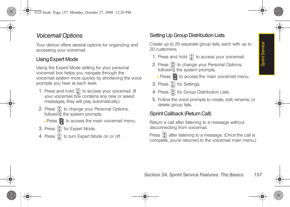 Voicemail options, Using expert mode, Setting up group distribution lists | Sprint callback (return call) | Samsung SPH-I325DLASPR User Manual | Page 171 / 227