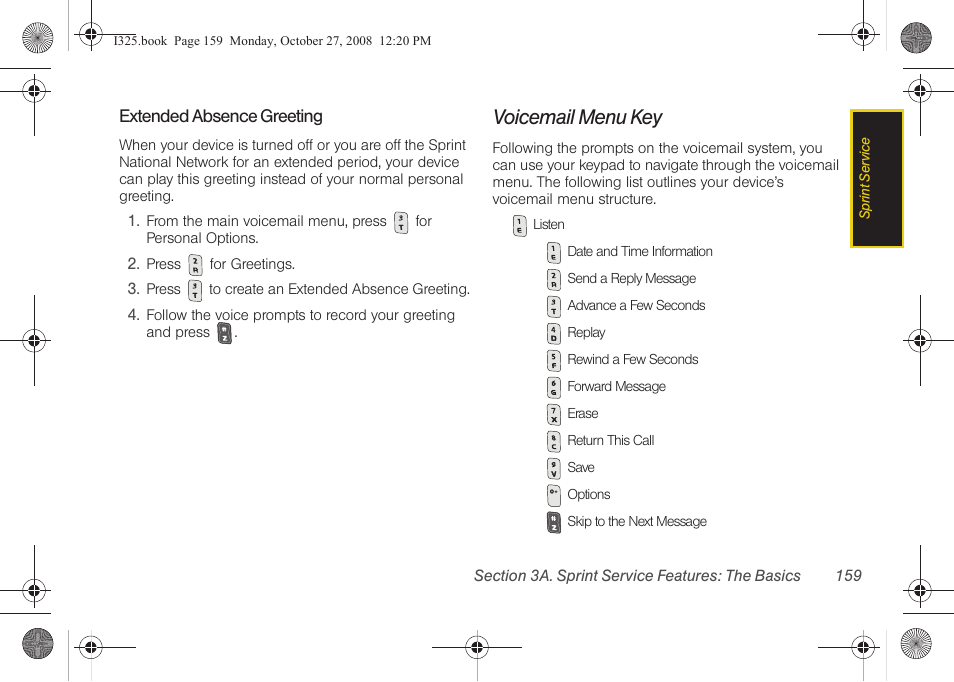 Extended absence greeting, Voicemail menu key | Samsung SPH-I325DLASPR User Manual | Page 173 / 227