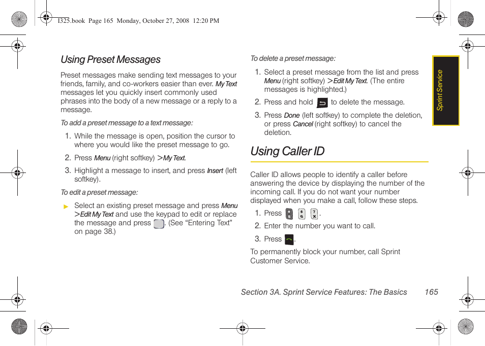 Using preset messages, Using caller id | Samsung SPH-I325DLASPR User Manual | Page 179 / 227