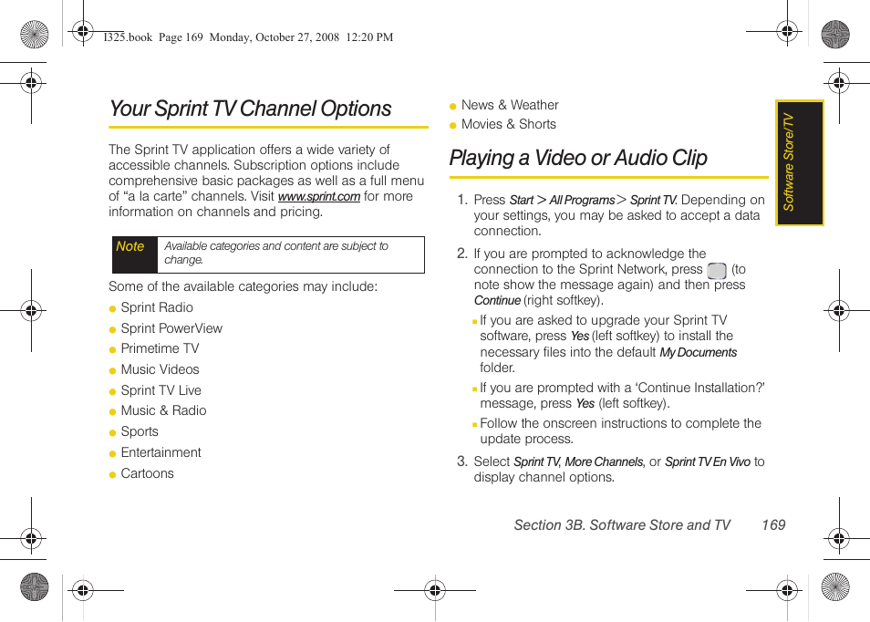Your sprint tv channel options, Playing a video or audio clip | Samsung SPH-I325DLASPR User Manual | Page 183 / 227
