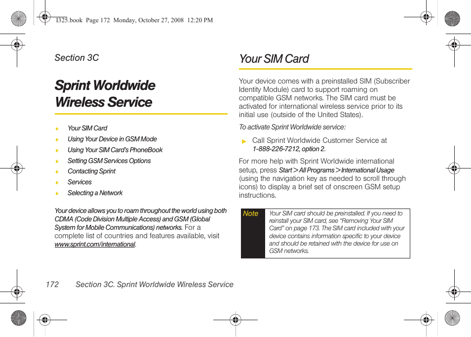 Sprint worldwide wireless service, Your sim card, 3c. sprint worldwide wireless service | Sprint worldwide, Wireless service | Samsung SPH-I325DLASPR User Manual | Page 186 / 227