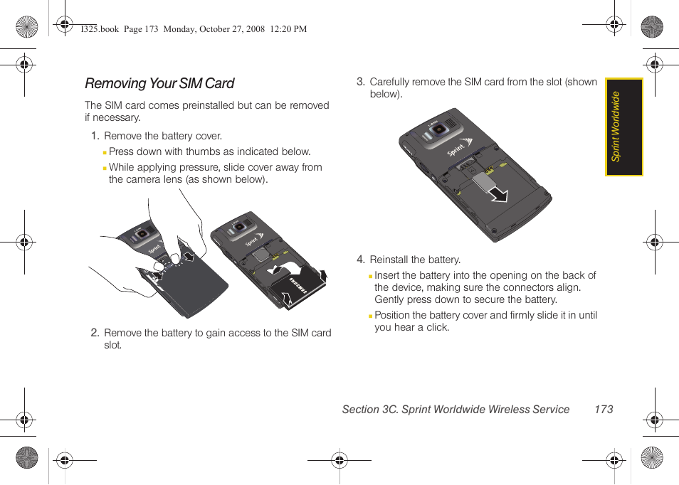 Removing your sim card | Samsung SPH-I325DLASPR User Manual | Page 187 / 227