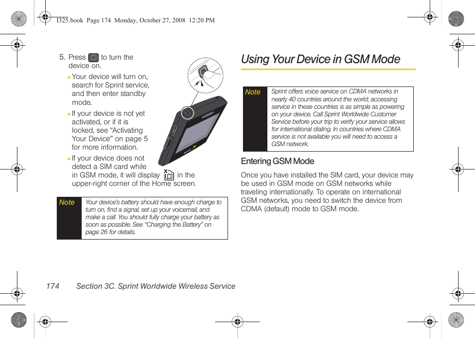 Using your device in gsm mode, Entering gsm mode | Samsung SPH-I325DLASPR User Manual | Page 188 / 227