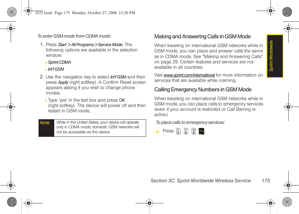 Making and answering calls in gsm mode, Calling emergency numbers in gsm mode | Samsung SPH-I325DLASPR User Manual | Page 189 / 227