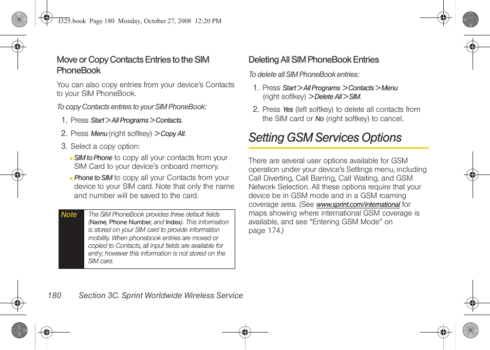 Move or copy contacts entries to the sim phonebook, Deleting all sim phonebook entries, Setting gsm services options | Samsung SPH-I325DLASPR User Manual | Page 194 / 227