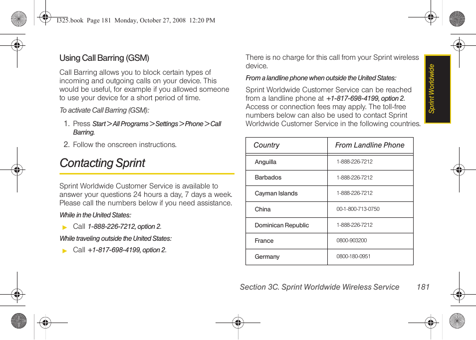 Using call barring (gsm), Contacting sprint | Samsung SPH-I325DLASPR User Manual | Page 195 / 227