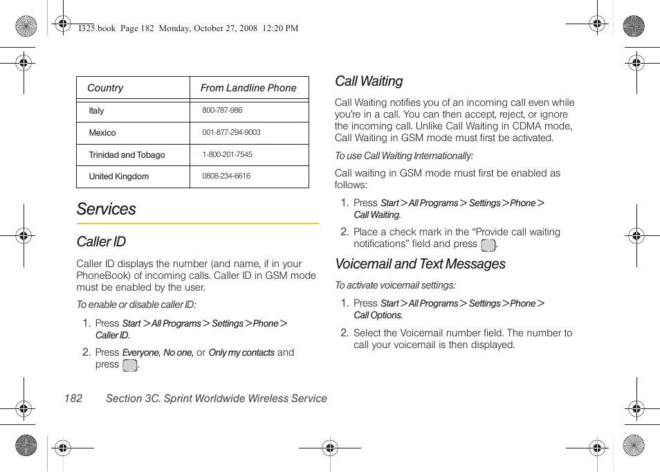 Services, Caller id, Call waiting | Voicemail and text messages | Samsung SPH-I325DLASPR User Manual | Page 196 / 227