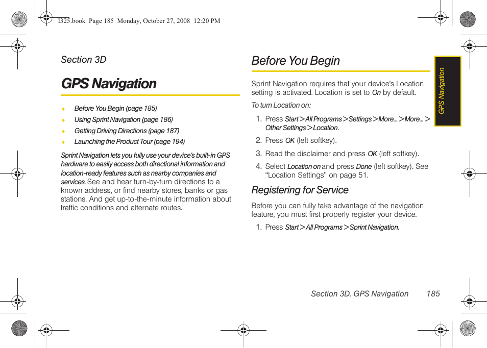 Gps navigation, Before you begin, Registering for service | 3d. gps navigation | Samsung SPH-I325DLASPR User Manual | Page 199 / 227