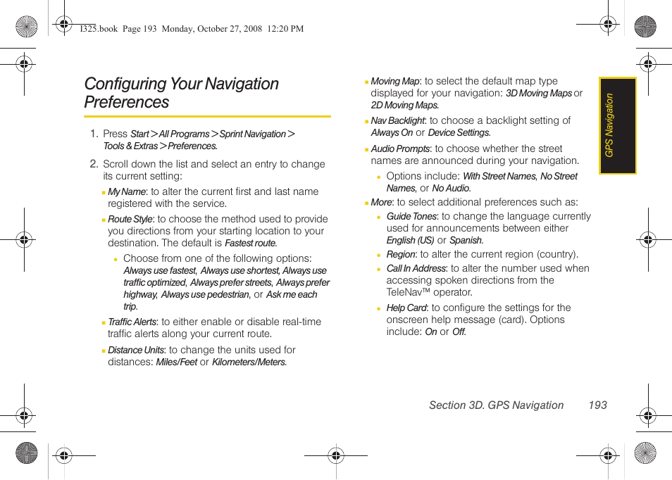 Configuring your navigation preferences | Samsung SPH-I325DLASPR User Manual | Page 207 / 227