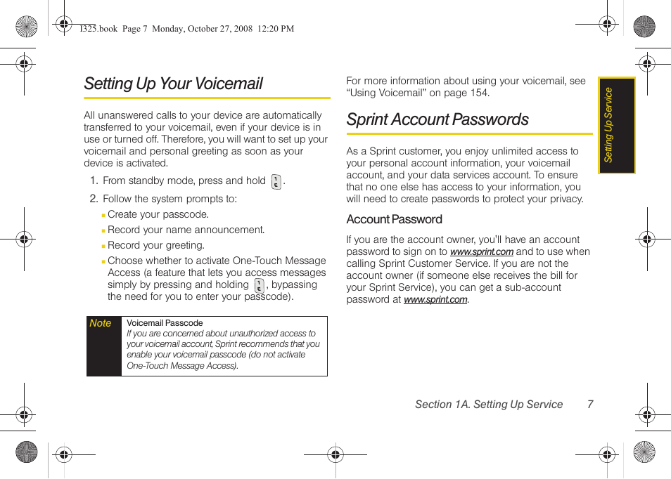 Setting up your voicemail, Sprint account passwords, Account password | Samsung SPH-I325DLASPR User Manual | Page 21 / 227