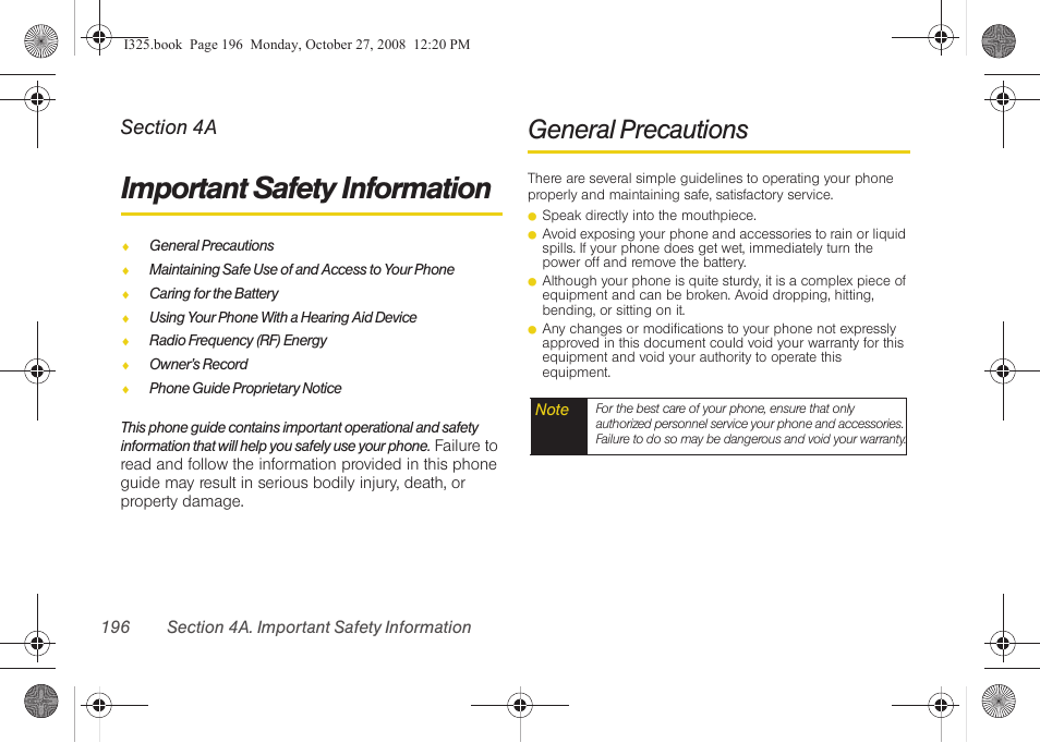 Important safety information, General precautions, 4a. important safety information | Samsung SPH-I325DLASPR User Manual | Page 210 / 227