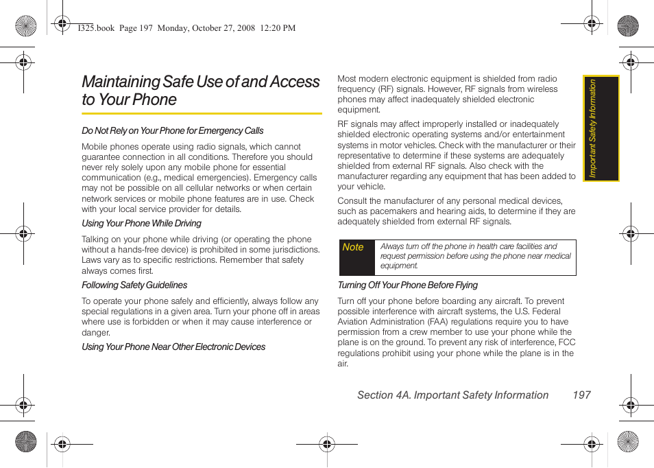 Maintaining safe use of and access to your phone, Maintaining safe use of and access to, Your phone | Samsung SPH-I325DLASPR User Manual | Page 211 / 227