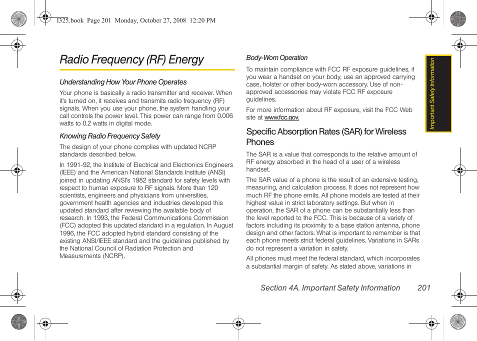 Radio frequency (rf) energy, Understanding how your phone operates, Knowing radio frequency safety | Samsung SPH-I325DLASPR User Manual | Page 215 / 227