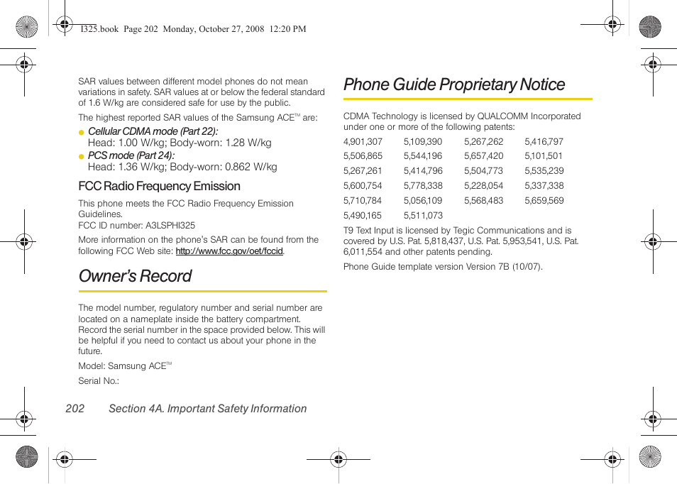 Fcc radio frequency emission, Owner’s record, Phone guide proprietary notice | Samsung SPH-I325DLASPR User Manual | Page 216 / 227