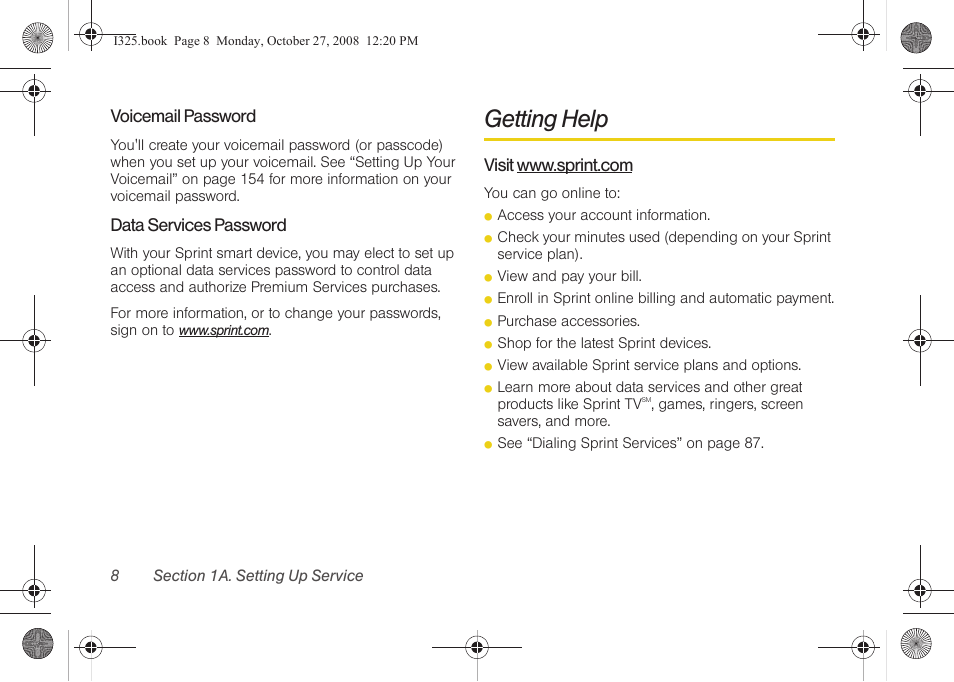 Voicemail password, Data services password, Getting help | Visit www.sprint.com | Samsung SPH-I325DLASPR User Manual | Page 22 / 227