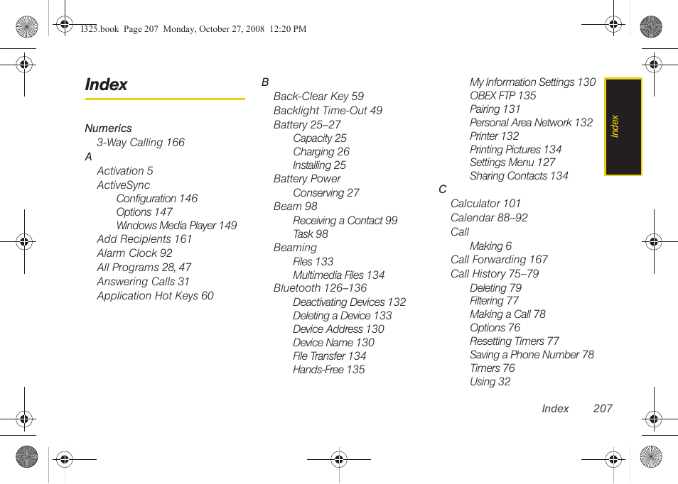 Index | Samsung SPH-I325DLASPR User Manual | Page 221 / 227