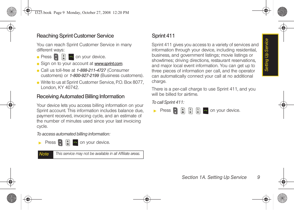 Reaching sprint customer service, Receiving automated billing information, Sprint 411 | Samsung SPH-I325DLASPR User Manual | Page 23 / 227