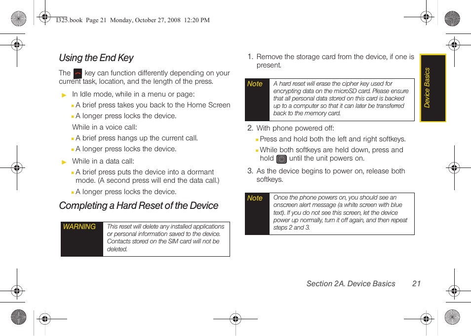 Using the end key, Completing a hard reset of the device | Samsung SPH-I325DLASPR User Manual | Page 35 / 227