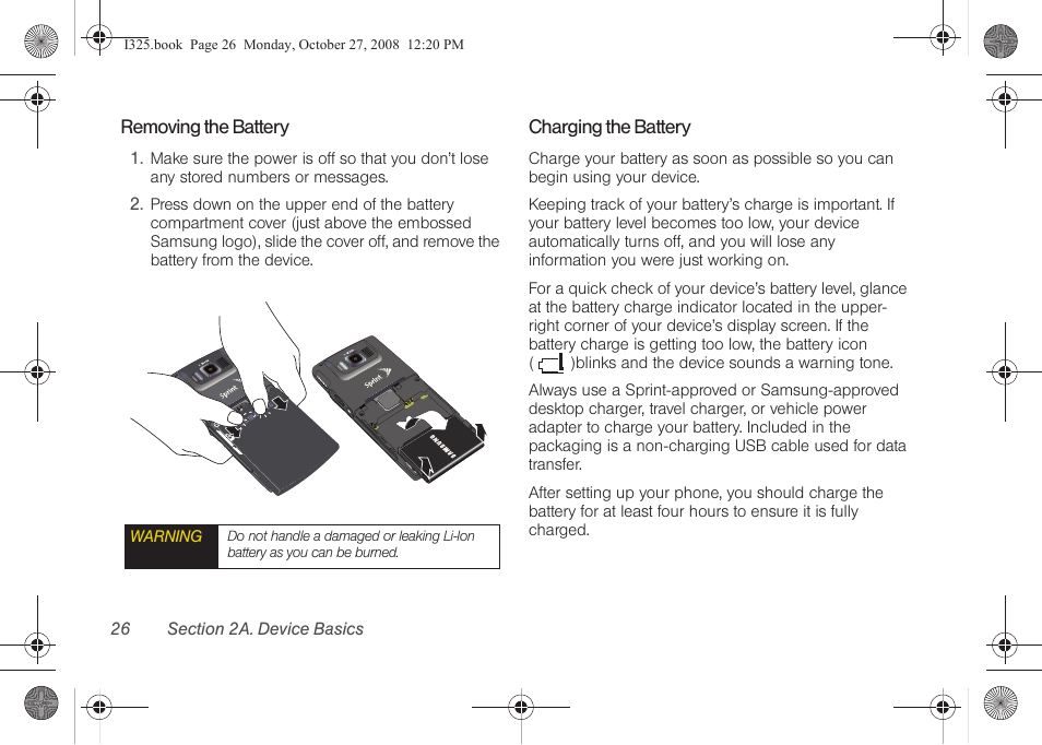 Removing the battery, Charging the battery | Samsung SPH-I325DLASPR User Manual | Page 40 / 227