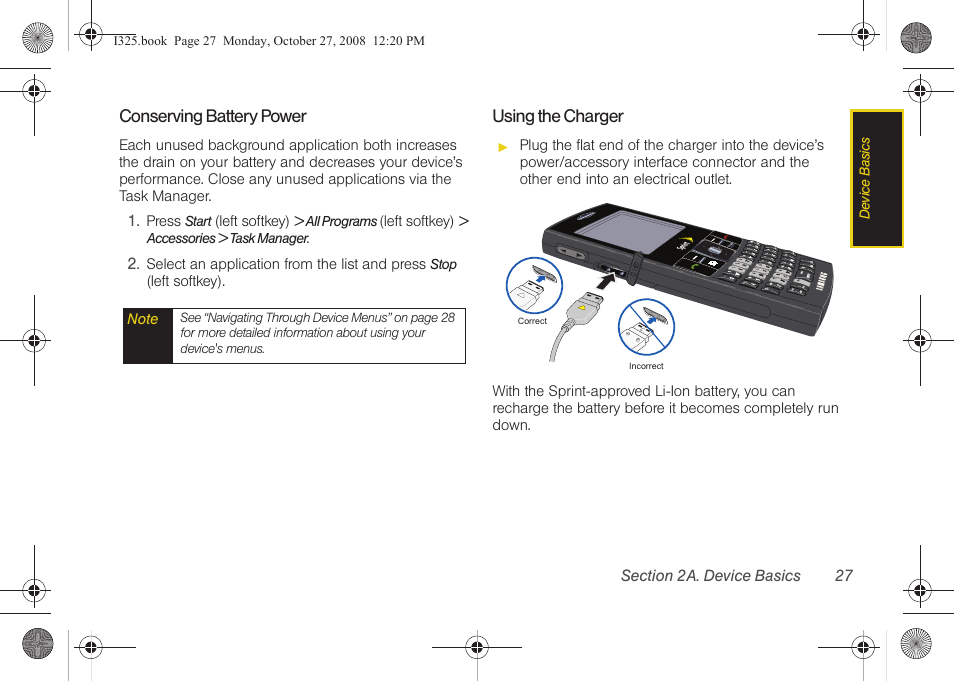 Conserving battery power, Using the charger | Samsung SPH-I325DLASPR User Manual | Page 41 / 227