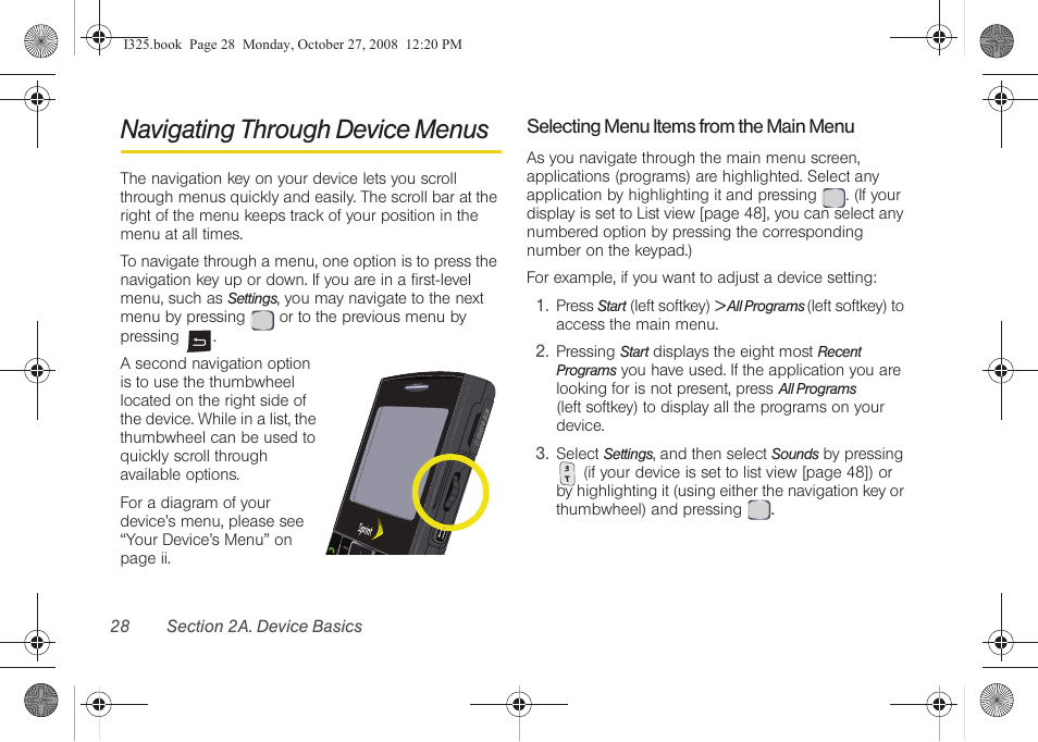 Navigating through device menus, Selecting menu items from the main menu | Samsung SPH-I325DLASPR User Manual | Page 42 / 227