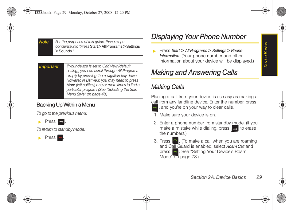 Backing up within a menu, Displaying your phone number, Making and answering calls | Making calls | Samsung SPH-I325DLASPR User Manual | Page 43 / 227