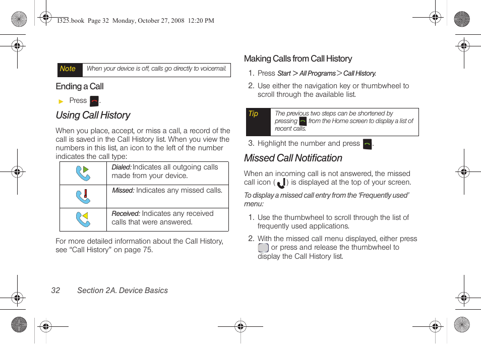 Ending a call, Using call history, Making calls from call history | Missed call notification | Samsung SPH-I325DLASPR User Manual | Page 46 / 227