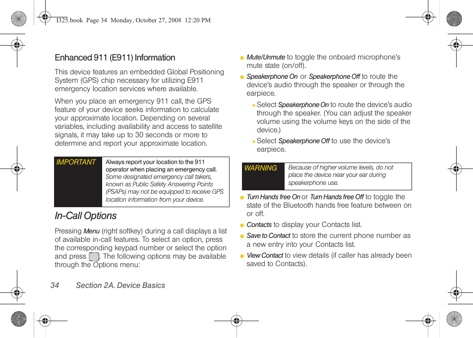 Enhanced 911 (e911) information, In-call options | Samsung SPH-I325DLASPR User Manual | Page 48 / 227