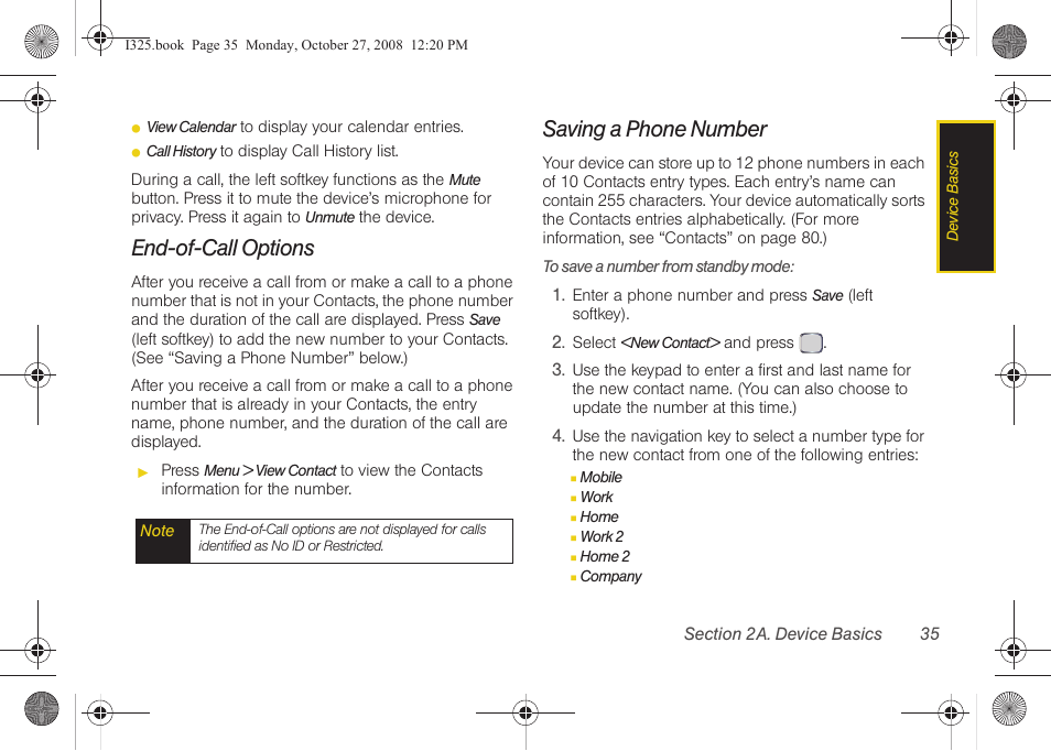 End-of-call options, Saving a phone number | Samsung SPH-I325DLASPR User Manual | Page 49 / 227