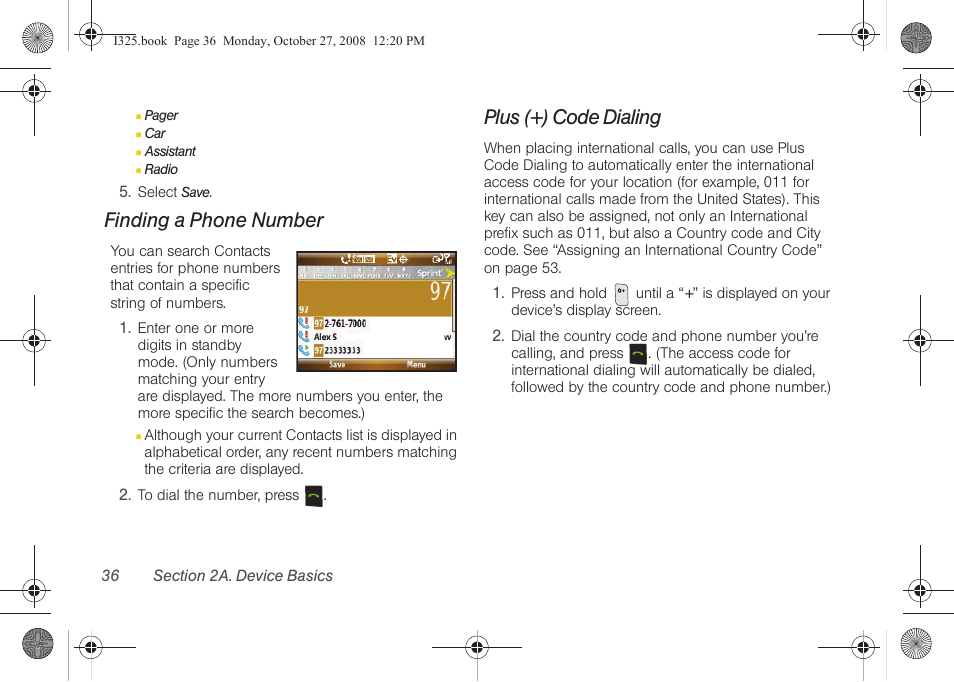 Finding a phone number, Plus (+) code dialing | Samsung SPH-I325DLASPR User Manual | Page 50 / 227