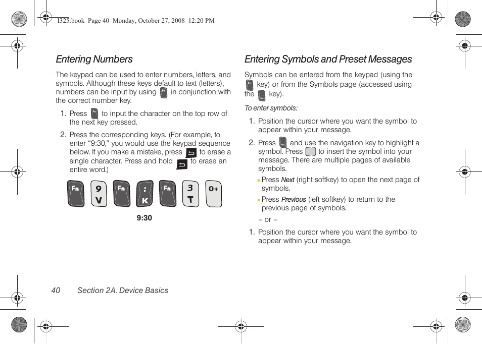 Entering numbers, Entering symbols and preset messages | Samsung SPH-I325DLASPR User Manual | Page 54 / 227