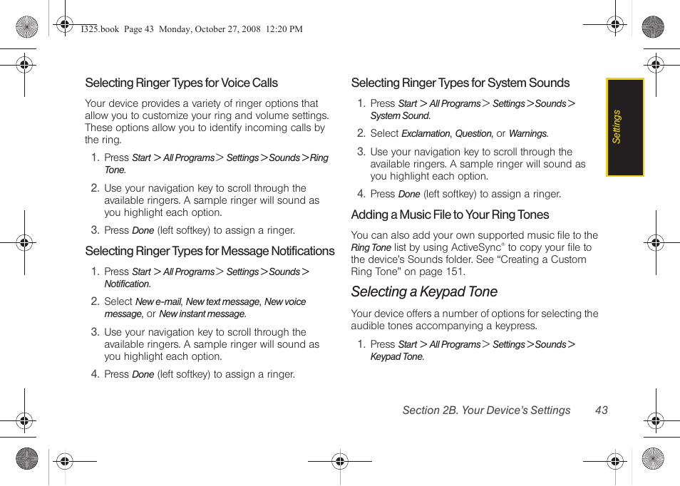 Selecting ringer types for voice calls, Selecting ringer types for message notifications, Selecting ringer types for system sounds | Adding a music file to your ring tones, Selecting a keypad tone | Samsung SPH-I325DLASPR User Manual | Page 57 / 227