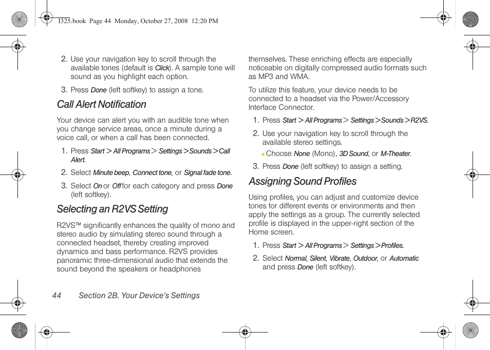 Call alert notification, Selecting an r2vs setting, Assigning sound profiles | Samsung SPH-I325DLASPR User Manual | Page 58 / 227