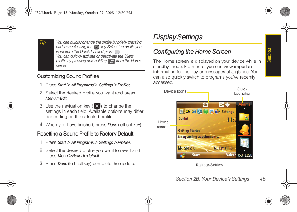 Customizing sound profiles, Resetting a sound profile to factory default, Display settings | Configuring the home screen | Samsung SPH-I325DLASPR User Manual | Page 59 / 227