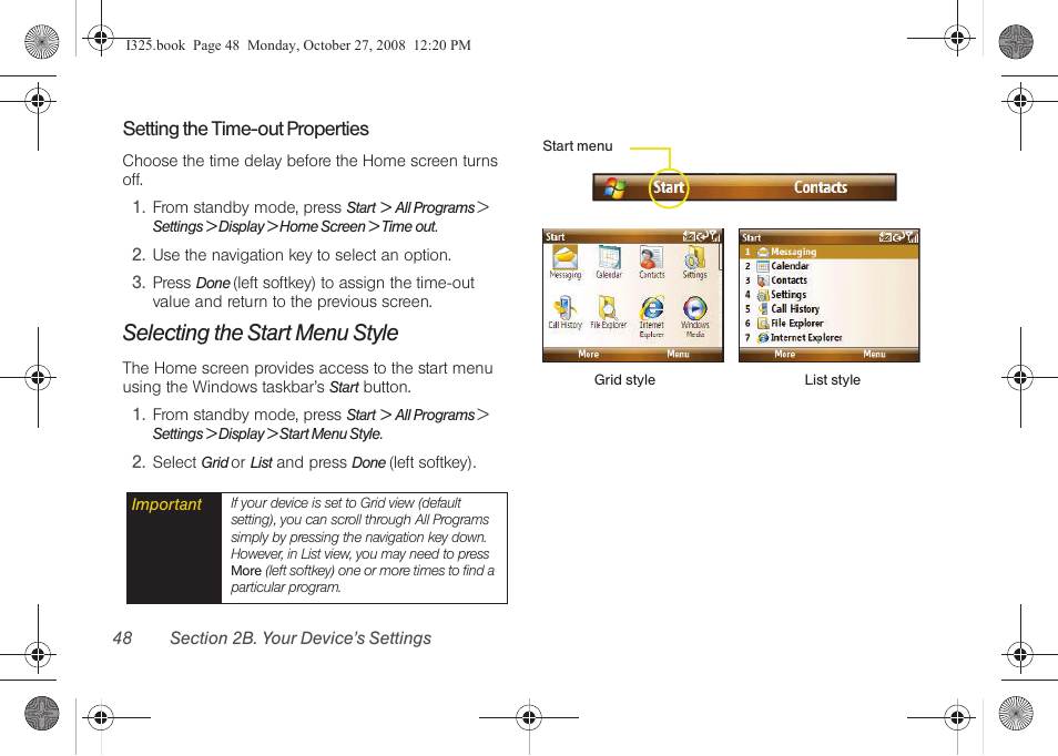 Setting the time-out properties, Selecting the start menu style | Samsung SPH-I325DLASPR User Manual | Page 62 / 227